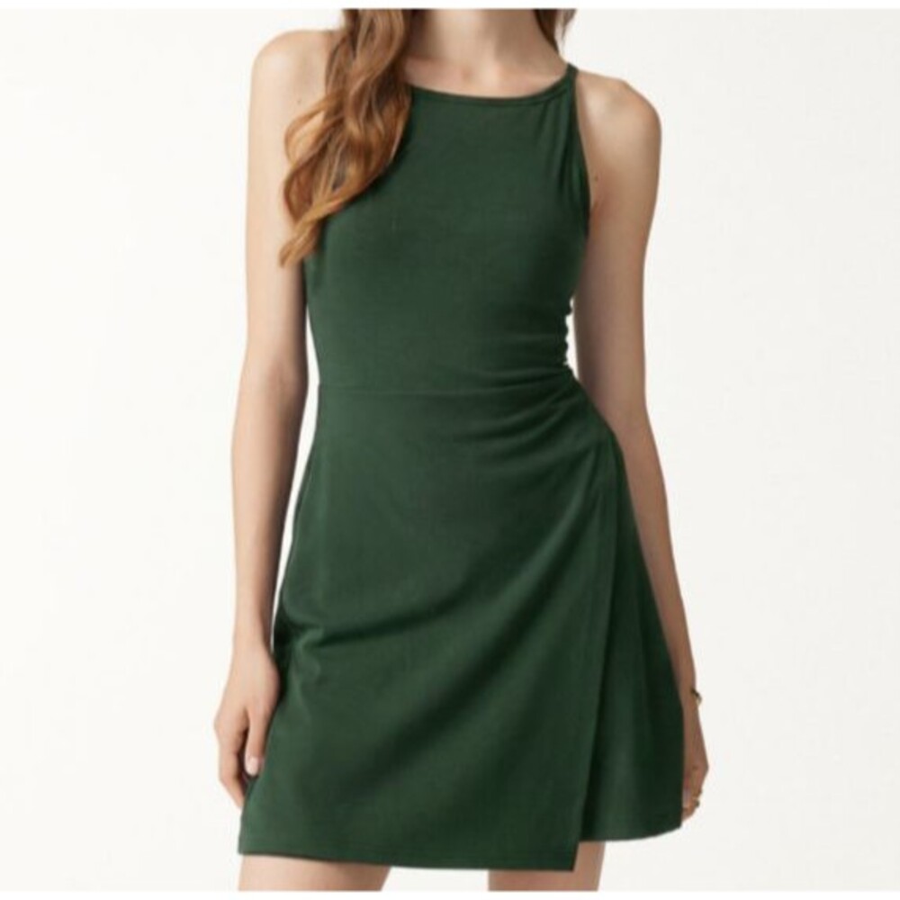 OGL Dark Green Stretch Cotton Blend Boat Neck Built In Bra Mini Dress Size Small